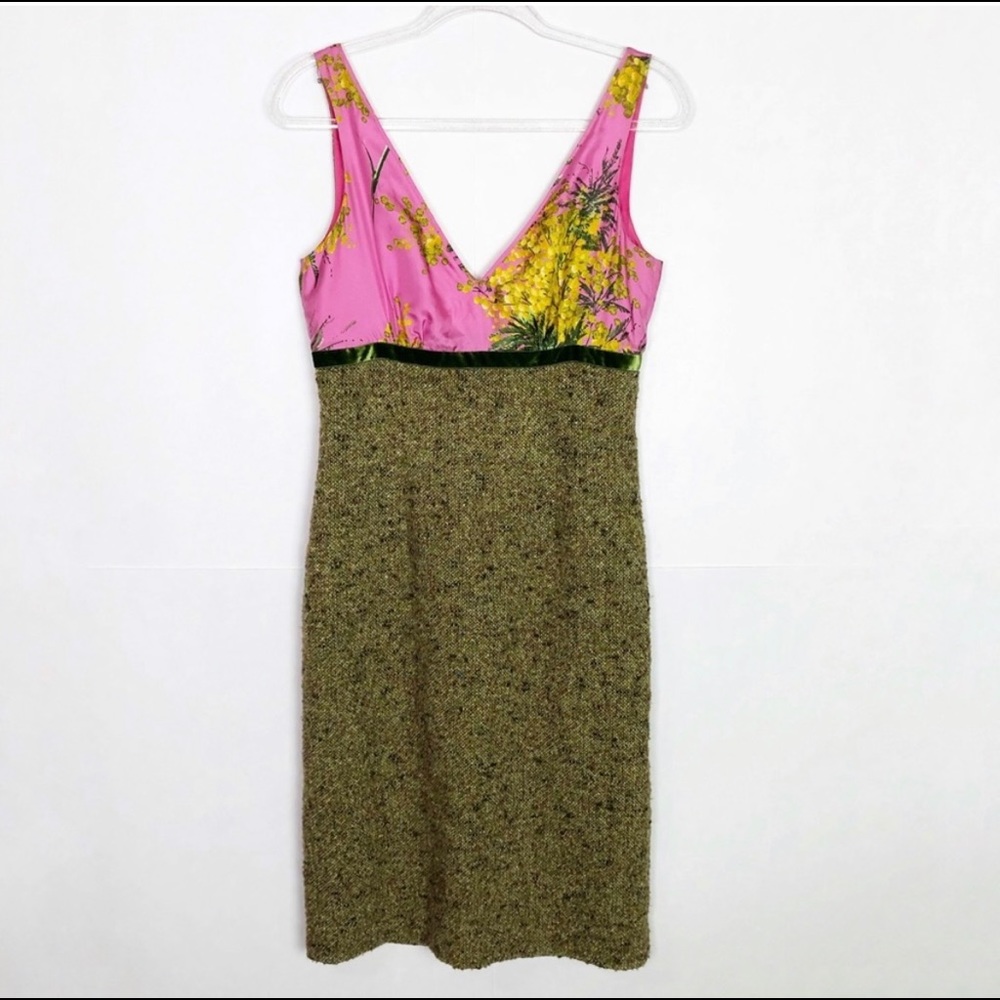 J. Crew pink and green silk and tweed floral print wiggle dress
